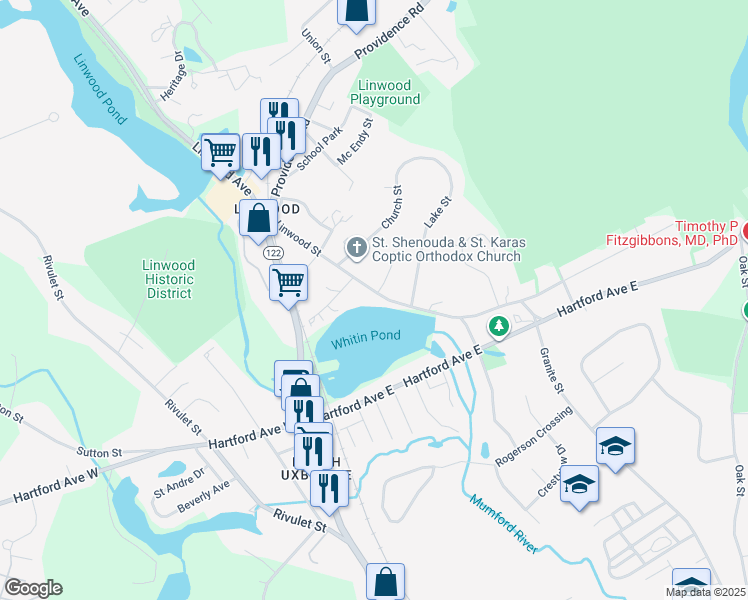map of restaurants, bars, coffee shops, grocery stores, and more near 122 Linwood Street in Uxbridge