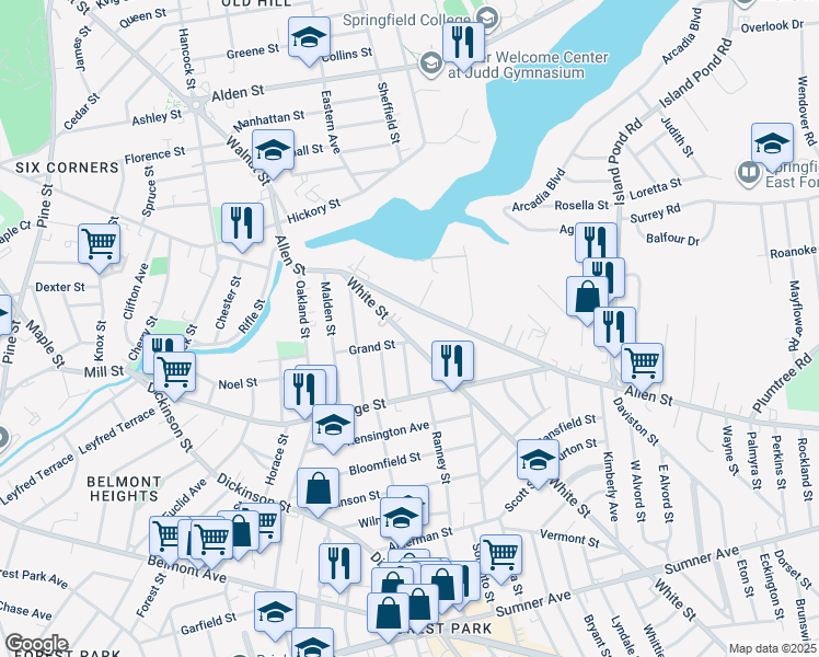 map of restaurants, bars, coffee shops, grocery stores, and more near 98 White Street in Springfield