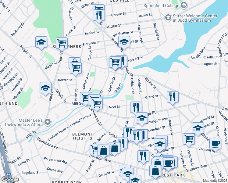 map of restaurants, bars, coffee shops, grocery stores, and more near 50 Rifle Street in Springfield
