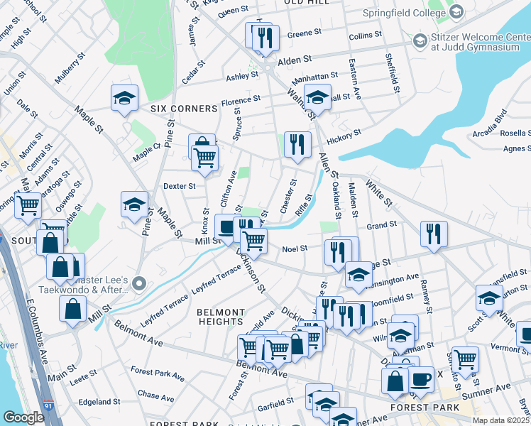 map of restaurants, bars, coffee shops, grocery stores, and more near 20 Rifle Street in Springfield