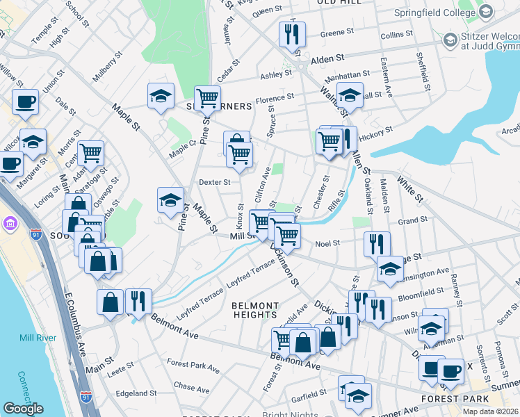map of restaurants, bars, coffee shops, grocery stores, and more near 124 Clifton Avenue in Springfield