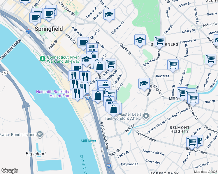 map of restaurants, bars, coffee shops, grocery stores, and more near 609-611 Main Street in Springfield
