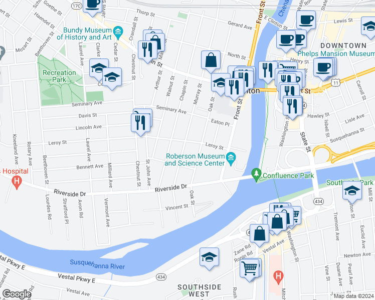 map of restaurants, bars, coffee shops, grocery stores, and more near 60 Murray Street in Binghamton