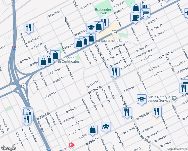 map of restaurants, bars, coffee shops, grocery stores, and more near 1727 West 30th Street in Erie