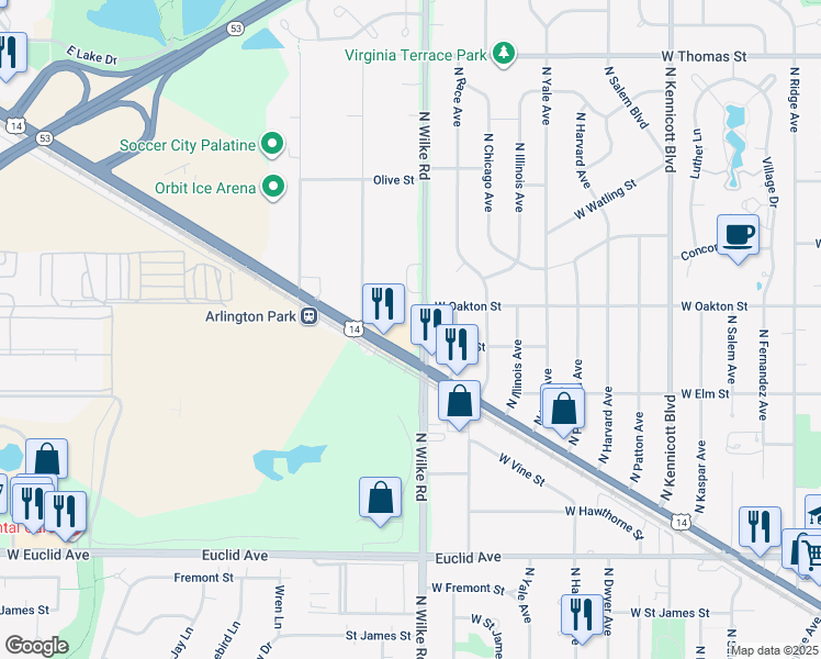 map of restaurants, bars, coffee shops, grocery stores, and more near 1804 East Northwest Highway in Arlington Heights
