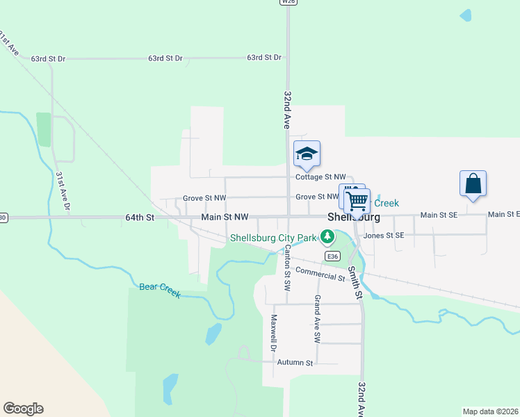map of restaurants, bars, coffee shops, grocery stores, and more near 306 Main Street Southwest in Shellsburg