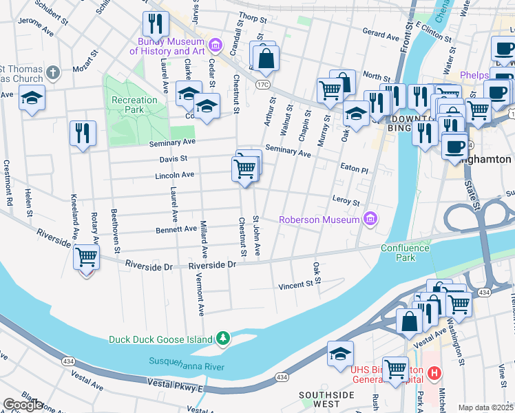 map of restaurants, bars, coffee shops, grocery stores, and more near 38 Saint John Avenue in Binghamton