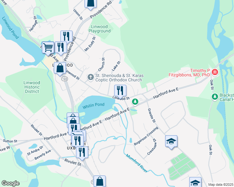 map of restaurants, bars, coffee shops, grocery stores, and more near 63 Linwood Street in Uxbridge