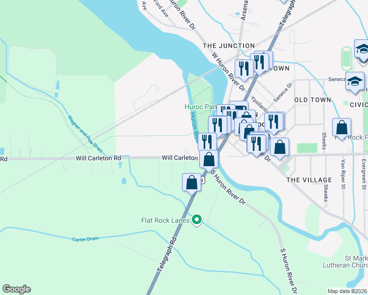 map of restaurants, bars, coffee shops, grocery stores, and more near 26742 Will Carleton Road in Flat Rock