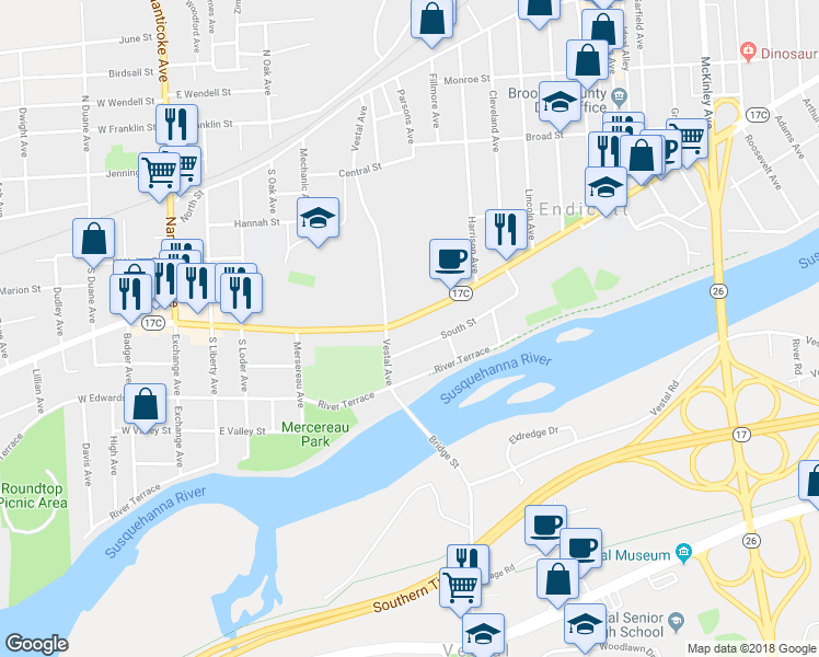 map of restaurants, bars, coffee shops, grocery stores, and more near 508 East Main Street in Endicott