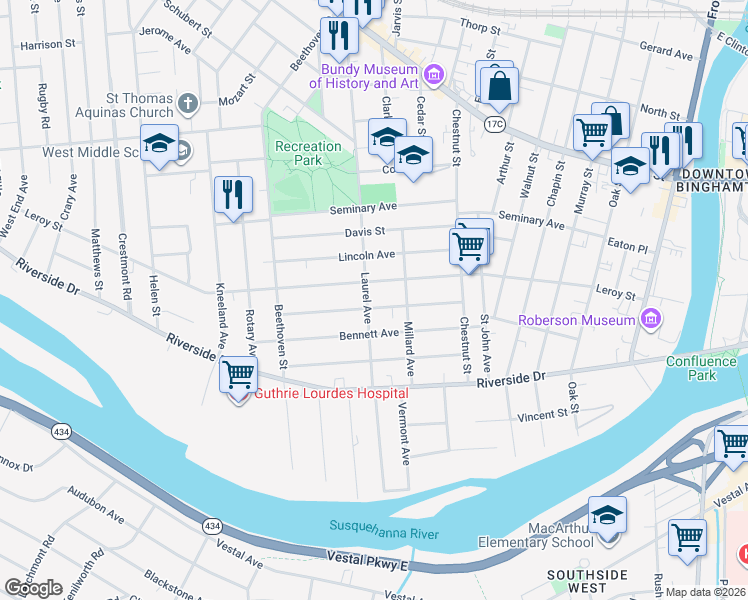 map of restaurants, bars, coffee shops, grocery stores, and more near 29 Lathrop Avenue in Binghamton