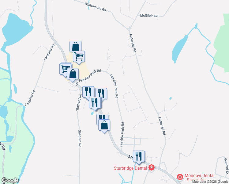 map of restaurants, bars, coffee shops, grocery stores, and more near 73 Fairview Park Road in Sturbridge