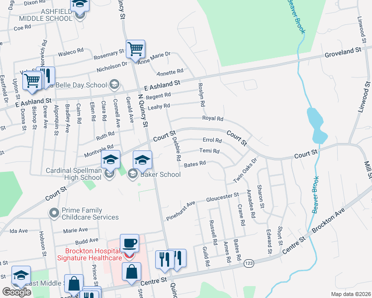 map of restaurants, bars, coffee shops, grocery stores, and more near 19 Temi Road in Brockton