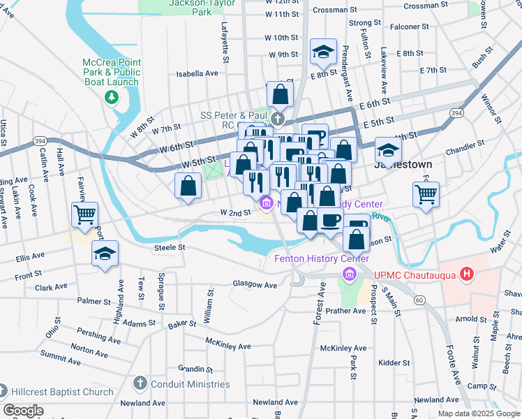 map of restaurants, bars, coffee shops, grocery stores, and more near 211-217 West 2nd Street in Jamestown