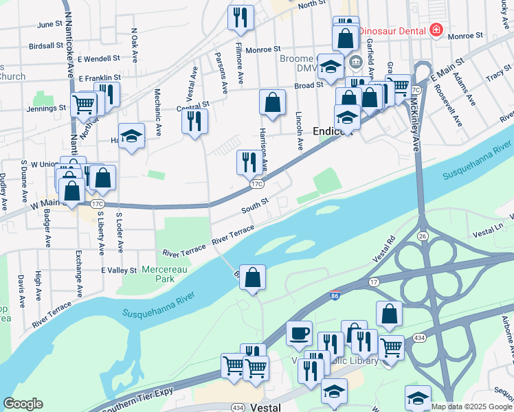 map of restaurants, bars, coffee shops, grocery stores, and more near 600 South Street in Endicott