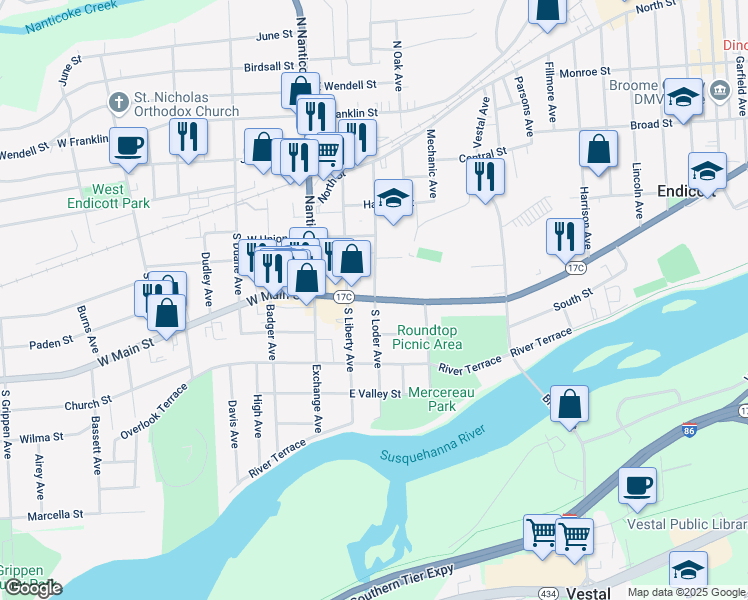 map of restaurants, bars, coffee shops, grocery stores, and more near East Main Street & South Loder Avenue in Endicott