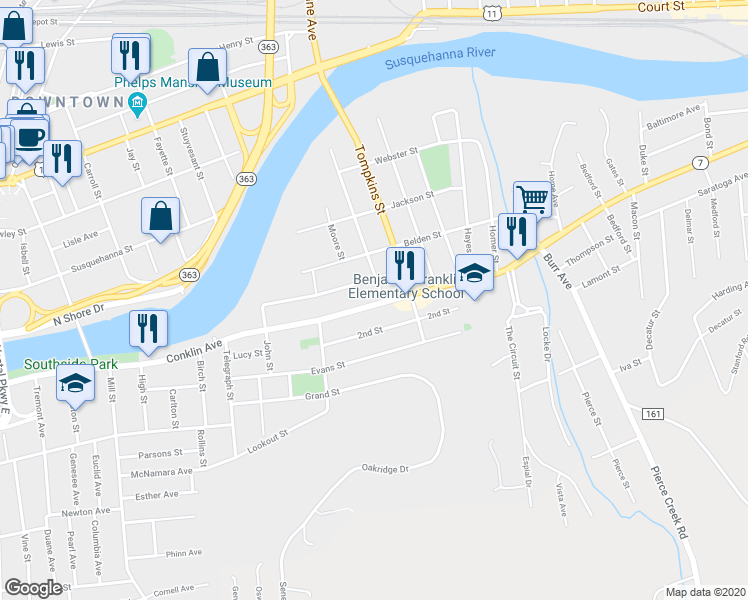 map of restaurants, bars, coffee shops, grocery stores, and more near 231 Conklin Avenue in Binghamton