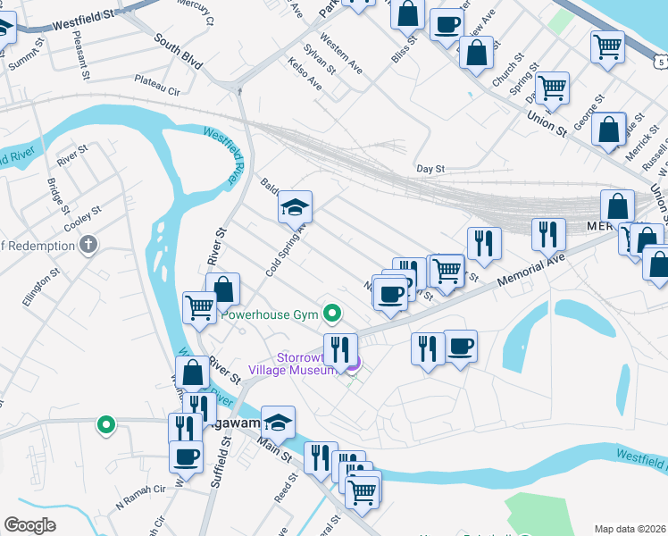 map of restaurants, bars, coffee shops, grocery stores, and more near 147 Allston Avenue in West Springfield