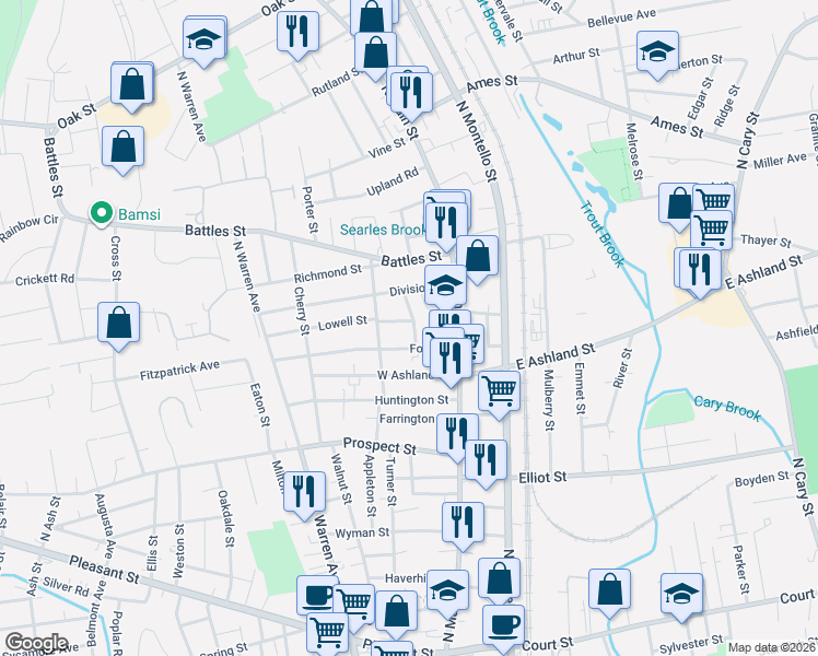 map of restaurants, bars, coffee shops, grocery stores, and more near 57 Ford Street in Brockton