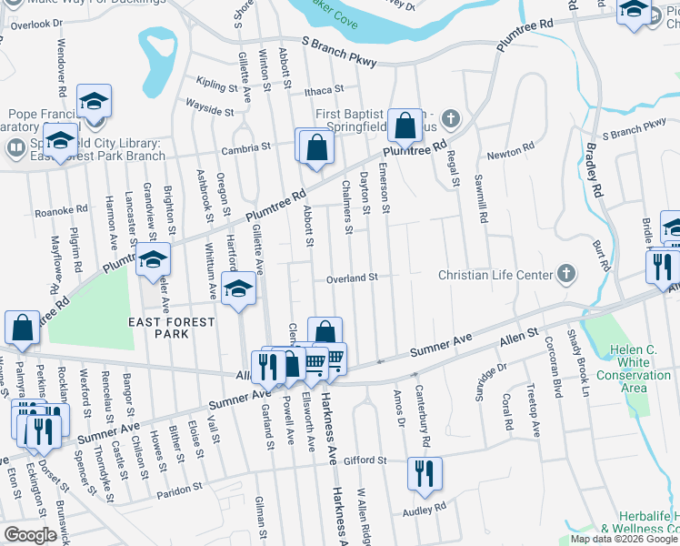 map of restaurants, bars, coffee shops, grocery stores, and more near 15 Overland Street in Springfield