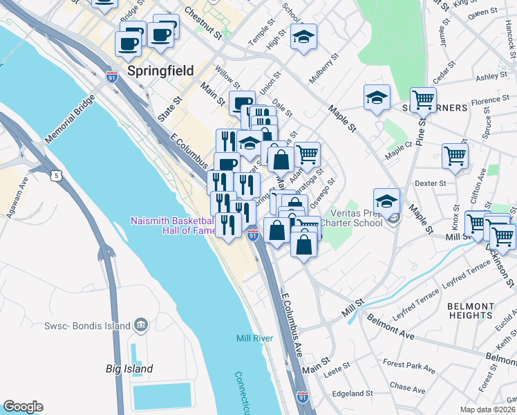 map of restaurants, bars, coffee shops, grocery stores, and more near 971 East Columbus Avenue in Springfield