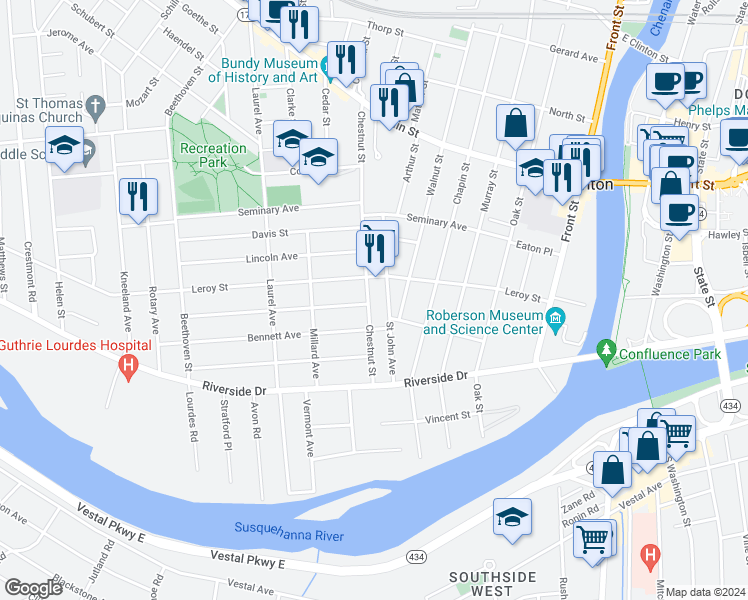 map of restaurants, bars, coffee shops, grocery stores, and more near 25 Chestnut Street in Binghamton
