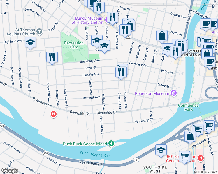 map of restaurants, bars, coffee shops, grocery stores, and more near 15 Lathrop Avenue in Binghamton