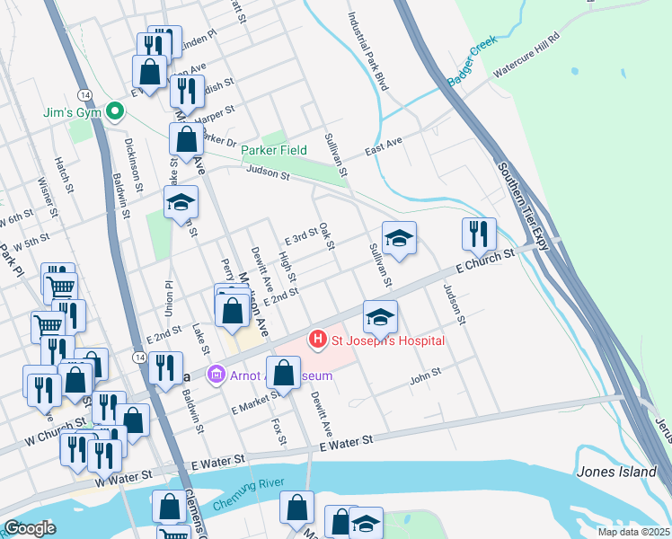 map of restaurants, bars, coffee shops, grocery stores, and more near 316 Washington Street in Elmira