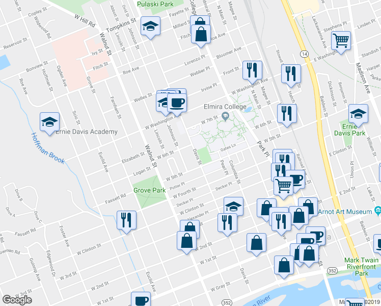 map of restaurants, bars, coffee shops, grocery stores, and more near 709 Davis Street in Elmira