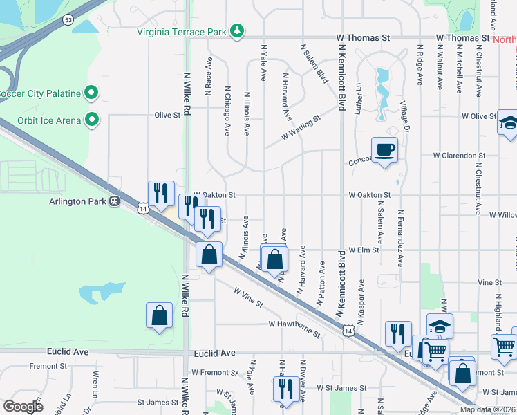 map of restaurants, bars, coffee shops, grocery stores, and more near 1428 Brown Street in Arlington Heights