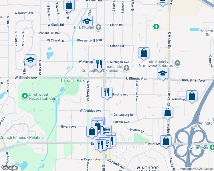 map of restaurants, bars, coffee shops, grocery stores, and more near 7 West Fern Court in Palatine