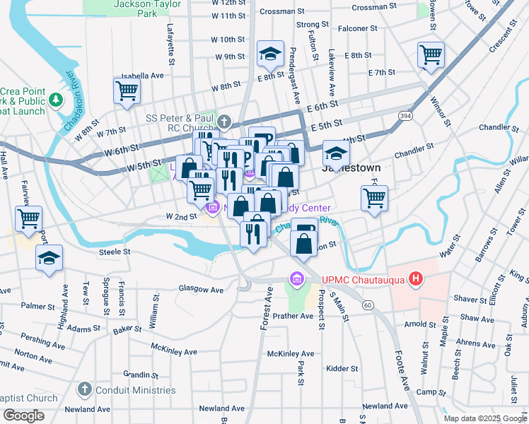 map of restaurants, bars, coffee shops, grocery stores, and more near 68 North Main Street in Jamestown