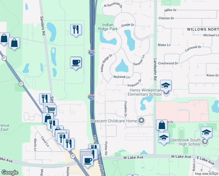 map of restaurants, bars, coffee shops, grocery stores, and more near 3465 Pynsky Road in Glenview