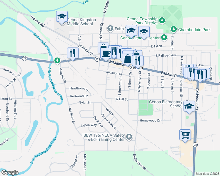 map of restaurants, bars, coffee shops, grocery stores, and more near 324 West Church Street in Genoa