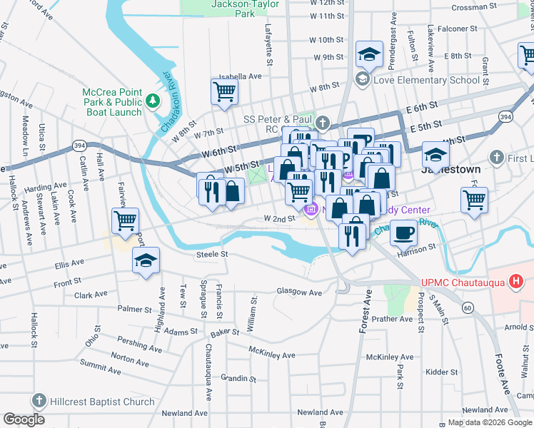 map of restaurants, bars, coffee shops, grocery stores, and more near 404 West 2nd Street in Jamestown
