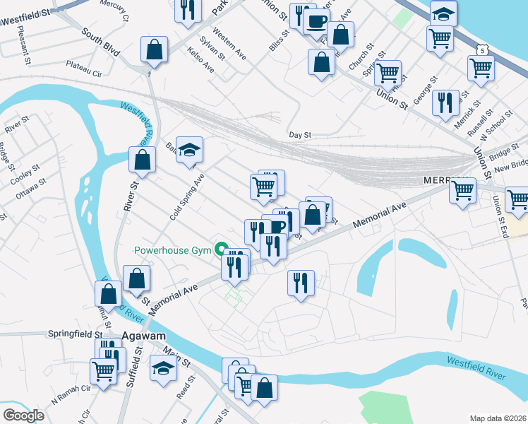 map of restaurants, bars, coffee shops, grocery stores, and more near 19 Baldwin Street in West Springfield