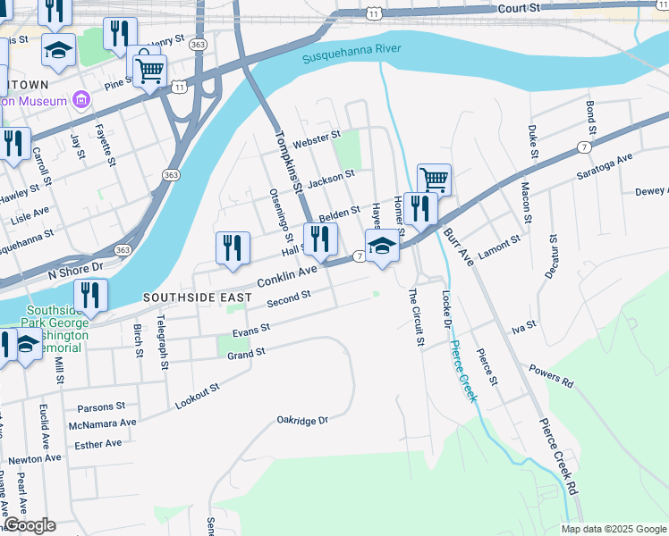 map of restaurants, bars, coffee shops, grocery stores, and more near 236 Conklin Avenue in Binghamton