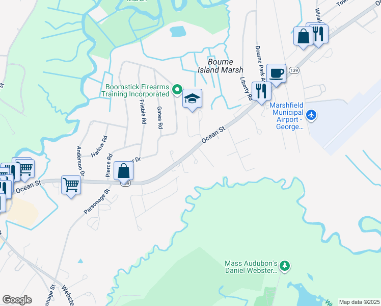 map of restaurants, bars, coffee shops, grocery stores, and more near 1495 Ocean Street in Marshfield