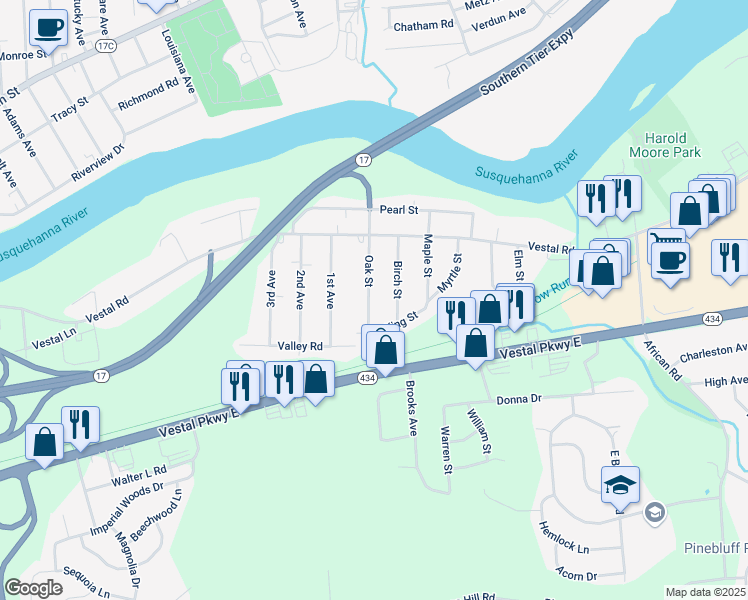 map of restaurants, bars, coffee shops, grocery stores, and more near 324 Oak Street in Vestal
