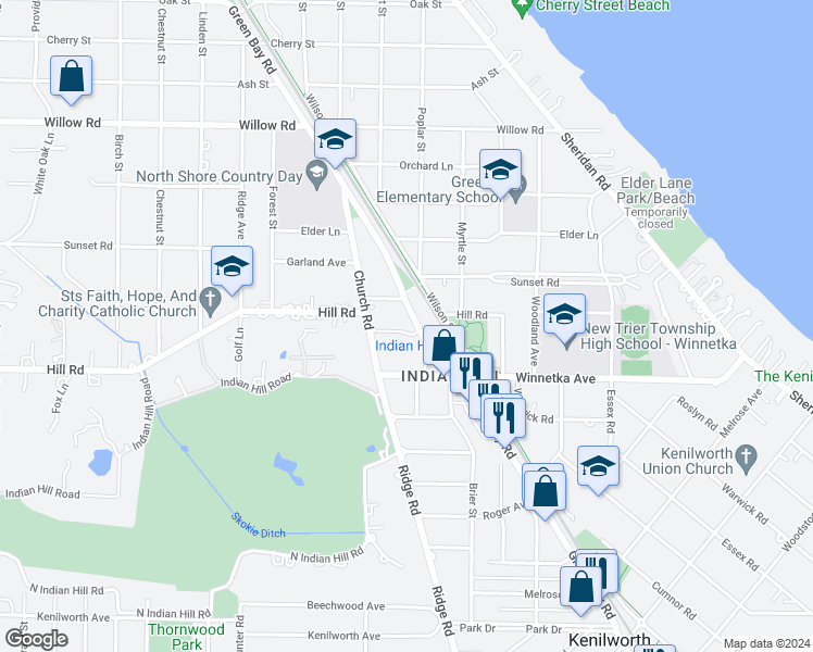 map of restaurants, bars, coffee shops, grocery stores, and more near 549 Hill Terrace in Winnetka