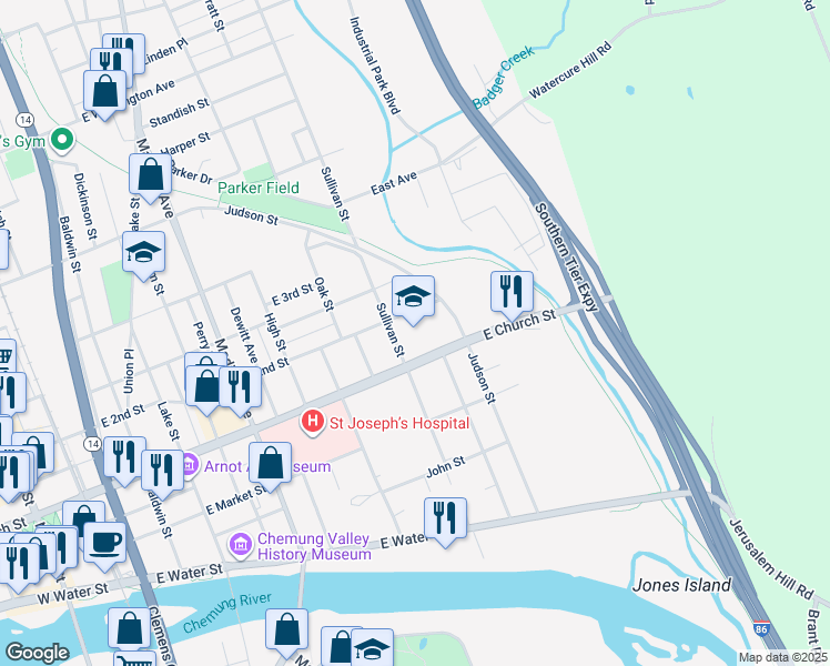 map of restaurants, bars, coffee shops, grocery stores, and more near 310 Sullivan Street in Elmira