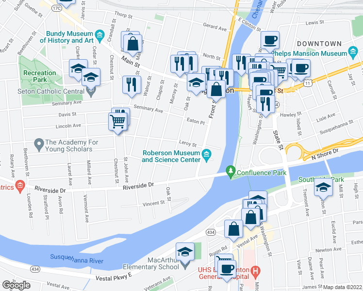 map of restaurants, bars, coffee shops, grocery stores, and more near 15 Leroy Street in Binghamton