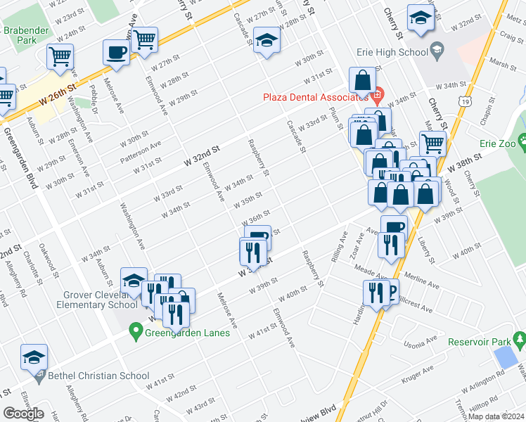 map of restaurants, bars, coffee shops, grocery stores, and more near 1132 West 36th Street in Erie