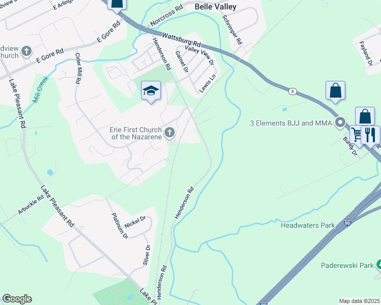 map of restaurants, bars, coffee shops, grocery stores, and more near 5448 Henderson Road in Erie