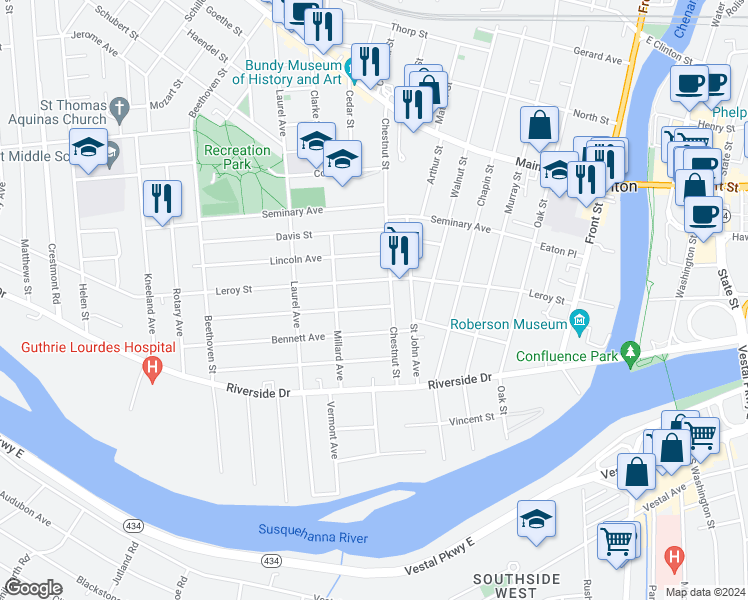 map of restaurants, bars, coffee shops, grocery stores, and more near 25 Chestnut Street in Binghamton