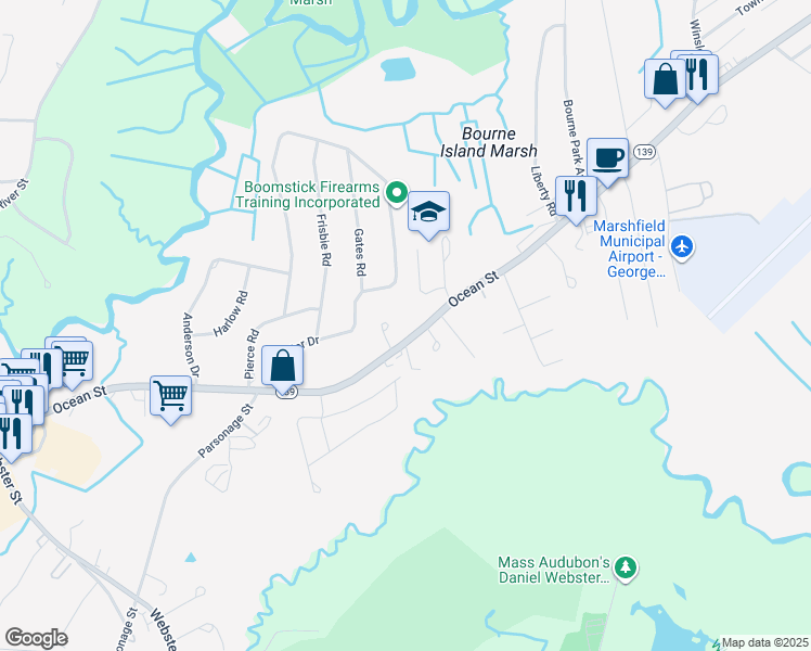 map of restaurants, bars, coffee shops, grocery stores, and more near 1495 Ocean Street in Marshfield