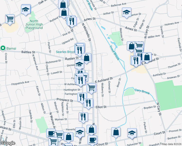 map of restaurants, bars, coffee shops, grocery stores, and more near 423 North Montello Street in Brockton