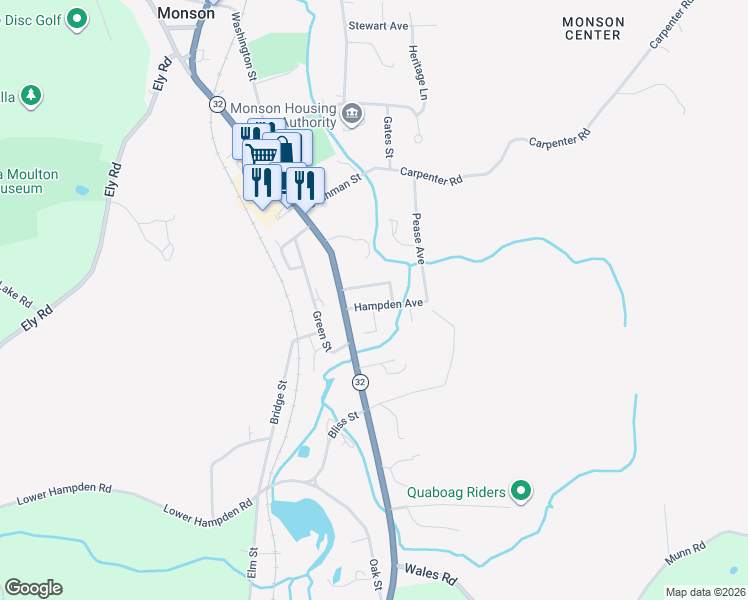 map of restaurants, bars, coffee shops, grocery stores, and more near 6 Hampden Court in Monson