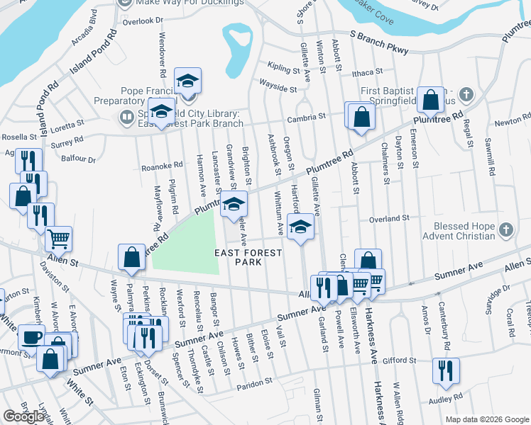 map of restaurants, bars, coffee shops, grocery stores, and more near 155 Roosevelt Avenue in Springfield