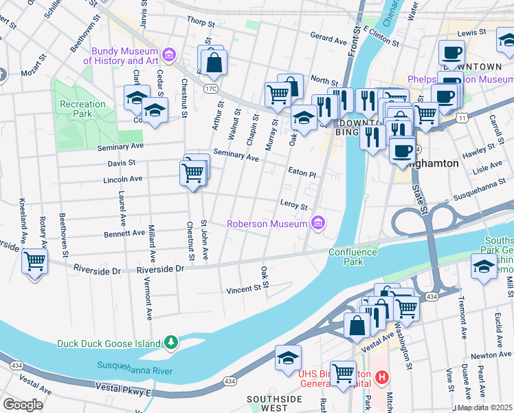 map of restaurants, bars, coffee shops, grocery stores, and more near 60 Murray Street in Binghamton
